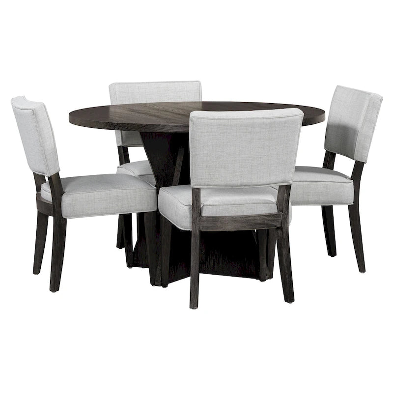 5-Piece Wooden Dining Table Set, Kitchen Table and Chairs Set, Round Table with Cross Base and 4 Upholstered Chairs