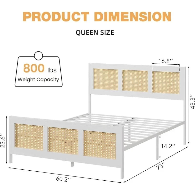 Bohemian Rattan Platform Bed Frame with Strong Metal Slats Support