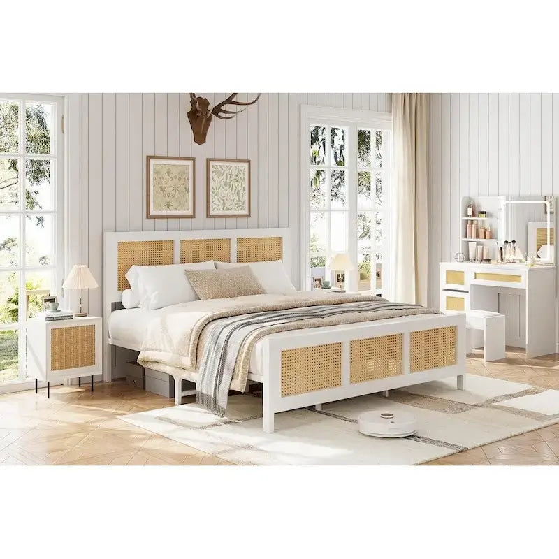 Bohemian Rattan Platform Bed Frame with Strong Metal Slats Support