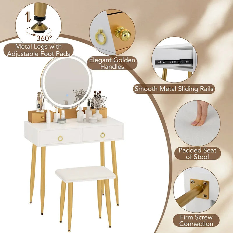 Costway Set Tavolino da Trucco con Sgabello e Specchio Illuminato a 3 Colori - Vedi Dettagli