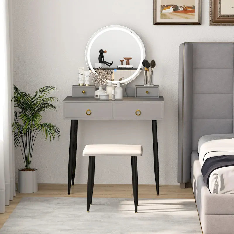 Costway Set Tavolino da Trucco con Sgabello e Specchio Illuminato a 3 Colori - Vedi Dettagli