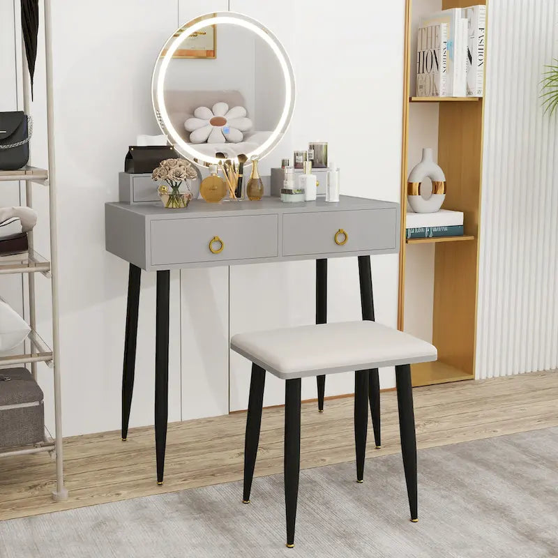 Costway Set Tavolino da Trucco con Sgabello e Specchio Illuminato a 3 Colori - Vedi Dettagli