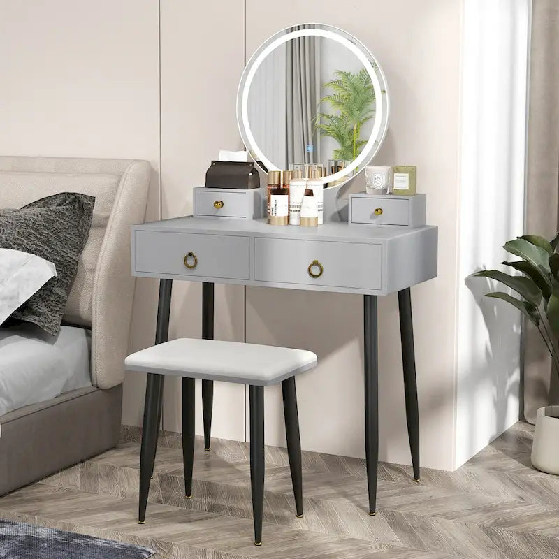 Costway Set Tavolino da Trucco con Sgabello e Specchio Illuminato a 3 Colori - Vedi Dettagli