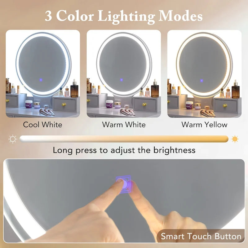 Costway Set Tavolino da Trucco con Sgabello e Specchio Illuminato a 3 Colori - Vedi Dettagli