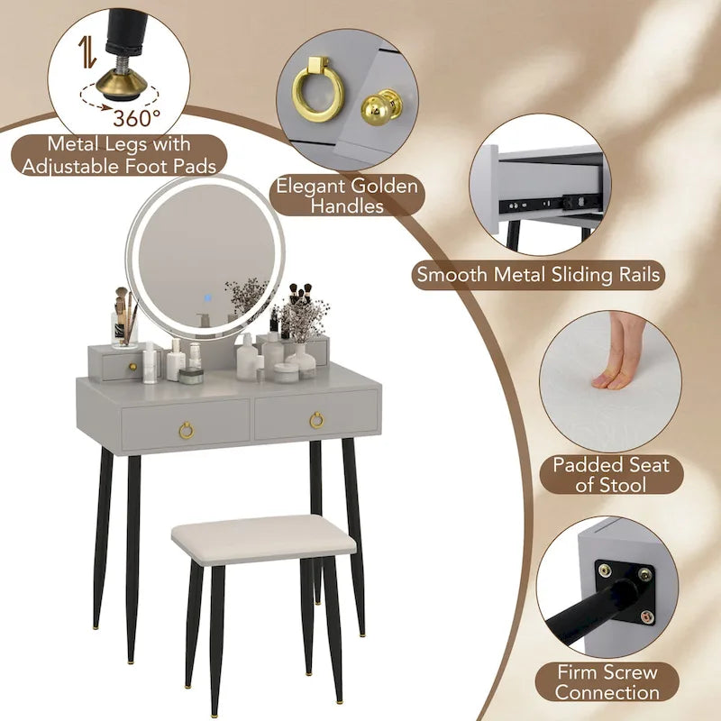 Costway Set Tavolino da Trucco con Sgabello e Specchio Illuminato a 3 Colori - Vedi Dettagli