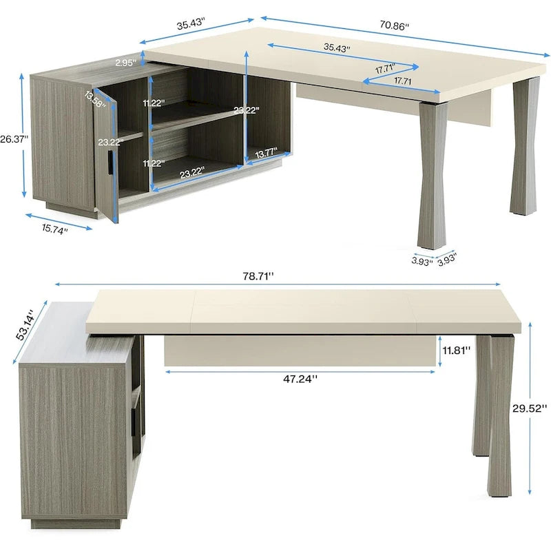 8.7 Executive Desk, L-Shaped Office Table with Cabinet & Shelves