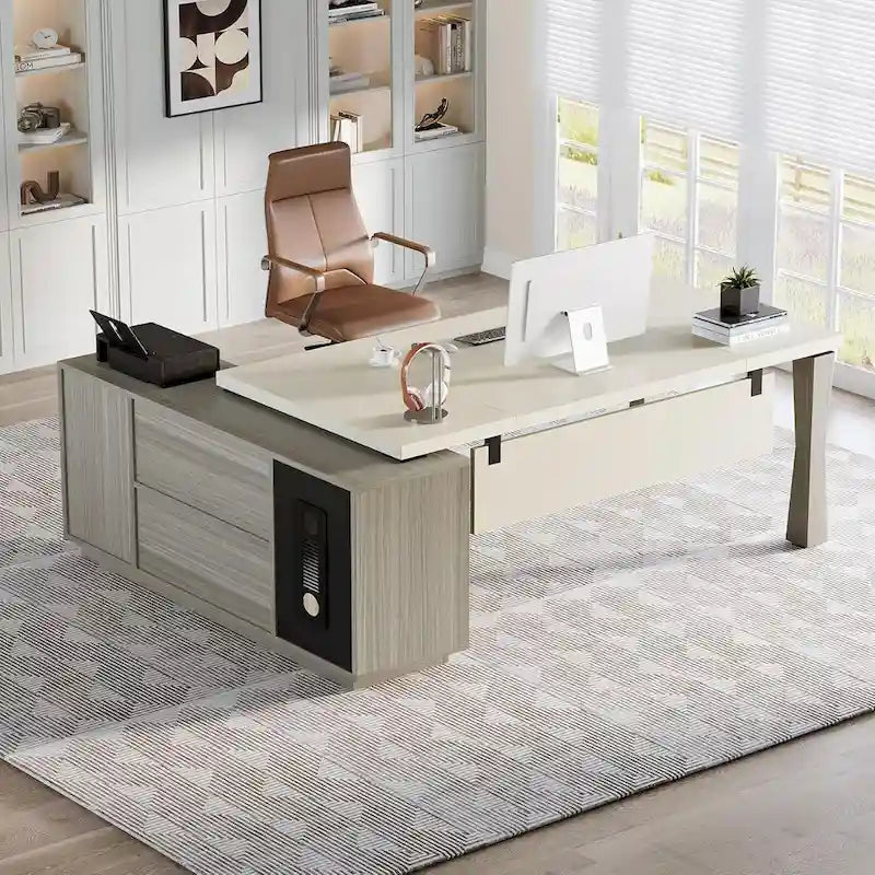8.7 Executive Desk, L-Shaped Office Table with Cabinet & Shelves
