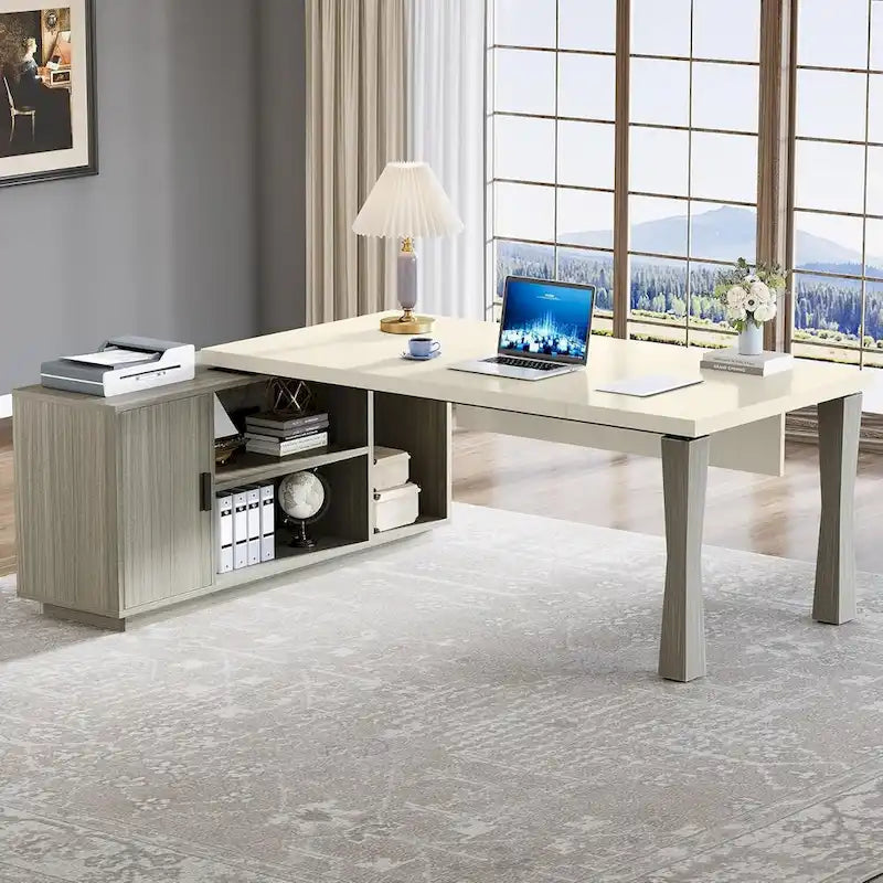 8.7 Executive Desk, L-Shaped Office Table with Cabinet & Shelves