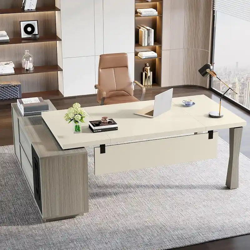 8.7 Executive Desk, L-Shaped Office Table with Cabinet & Shelves