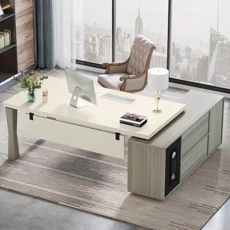 8.7 Executive Desk, L-Shaped Office Table with Cabinet & Shelves