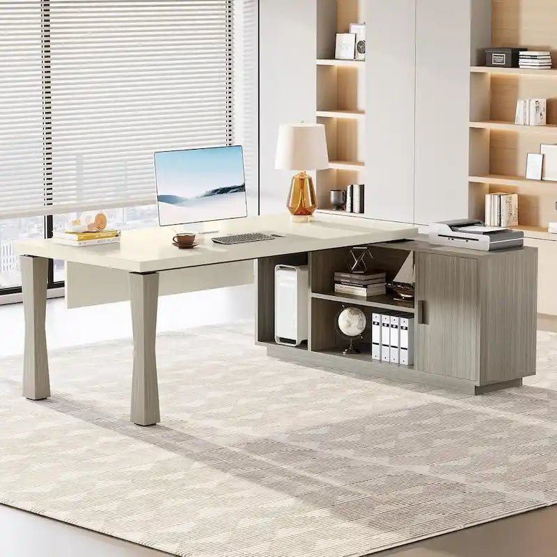 8.7 Executive Desk, L-Shaped Office Table with Cabinet & Shelves