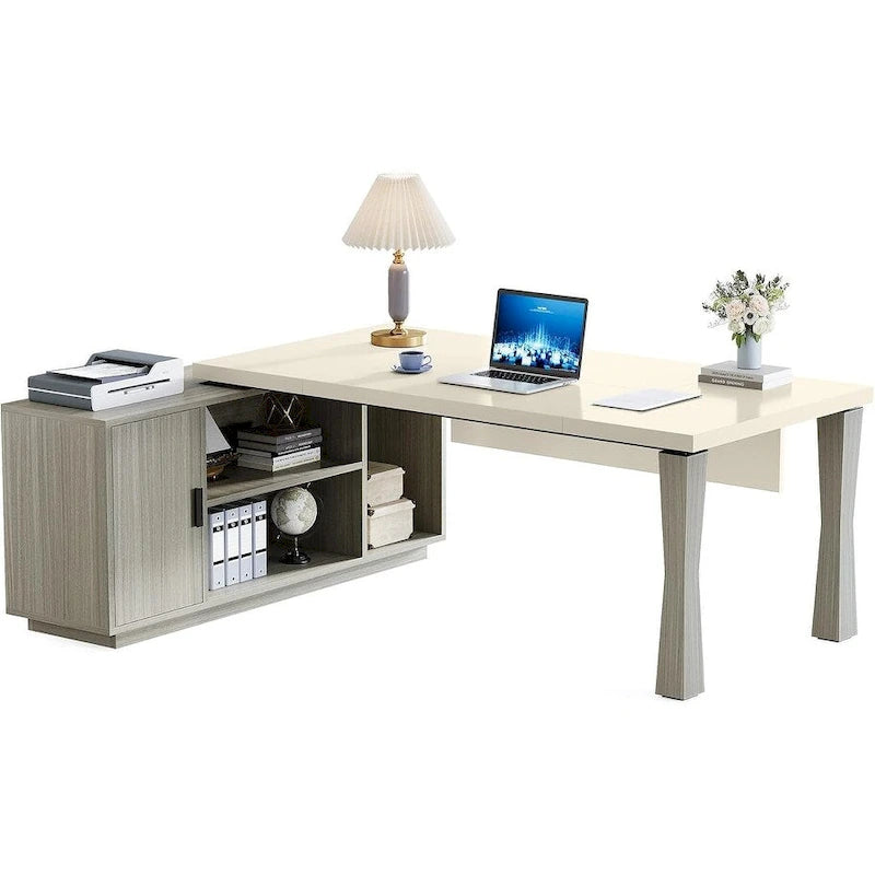 8.7 Executive Desk, L-Shaped Office Table with Cabinet & Shelves