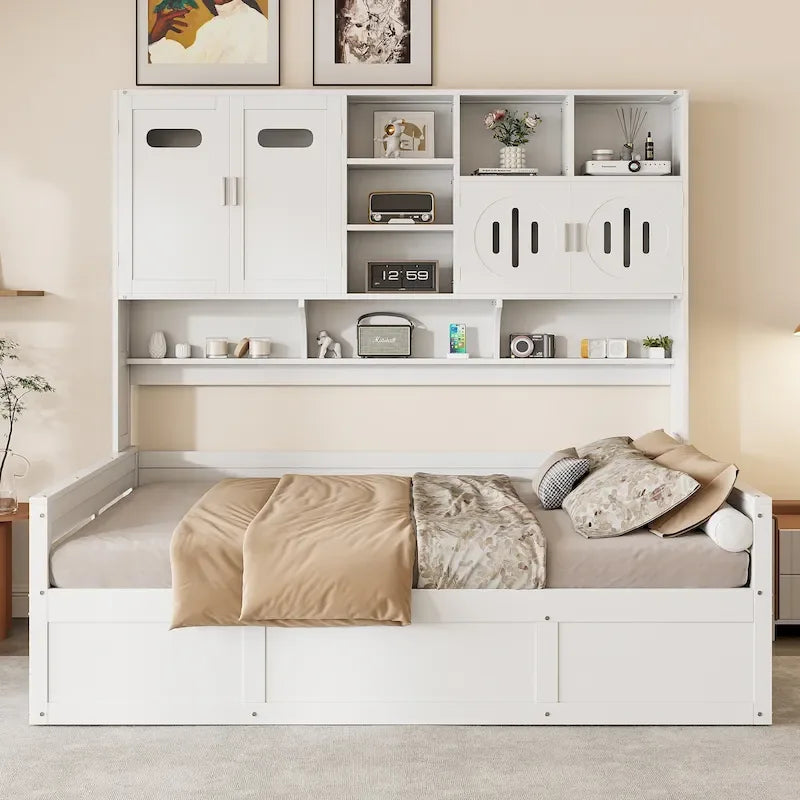 Letto a giorno con libreria Captain e contenitore idraulico, tutto in uno