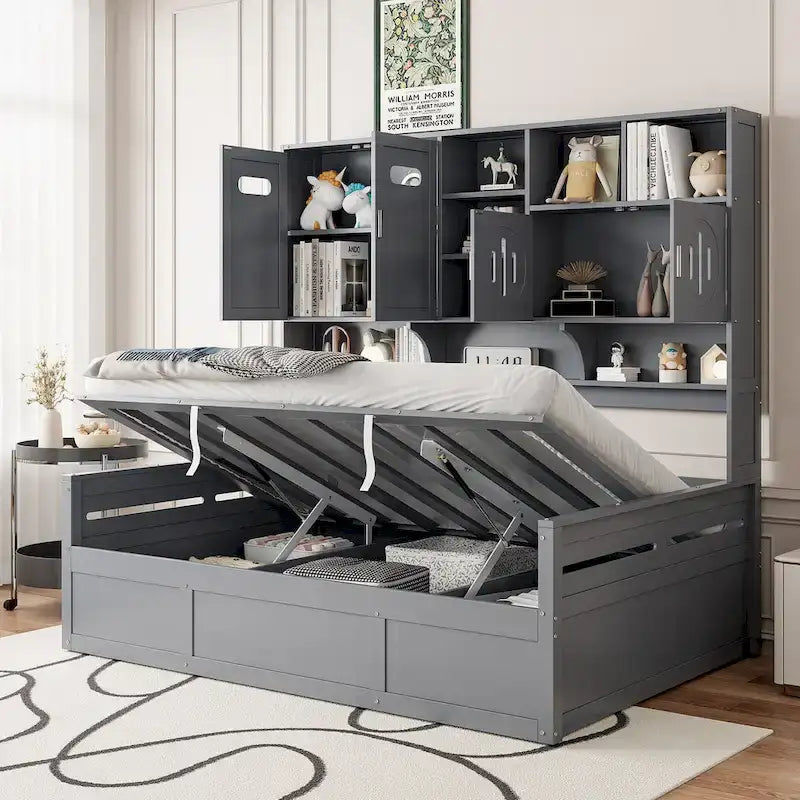 Letto a giorno con libreria Captain e contenitore idraulico, tutto in uno