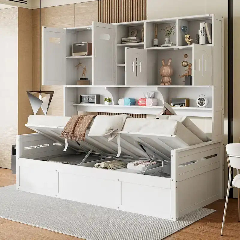 Letto a giorno con libreria Captain e contenitore idraulico, tutto in uno