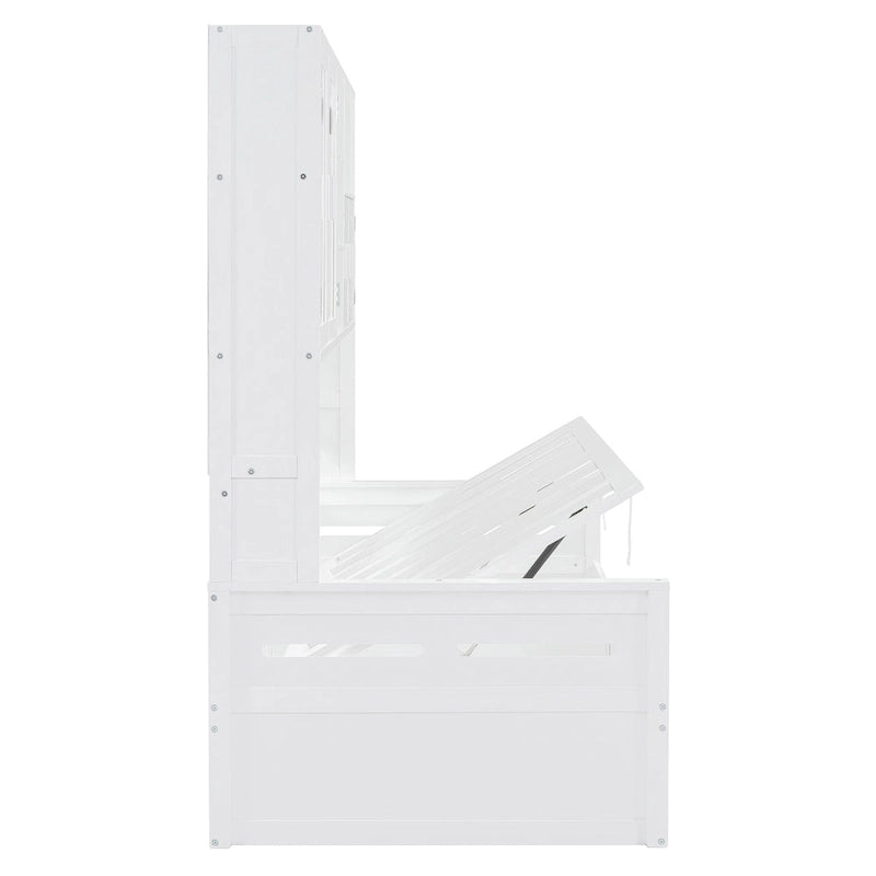 Letto a giorno con libreria Captain e contenitore idraulico, tutto in uno