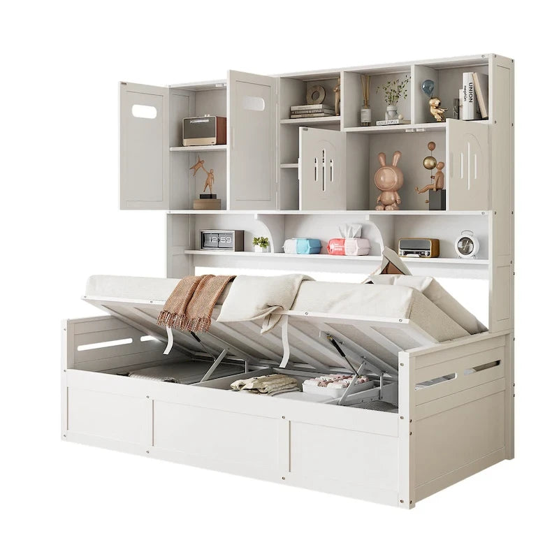 Letto a giorno con libreria Captain e contenitore idraulico, tutto in uno
