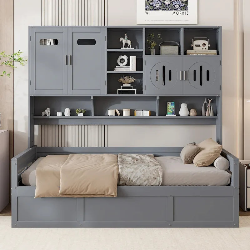 Letto a giorno con libreria Captain e contenitore idraulico, tutto in uno