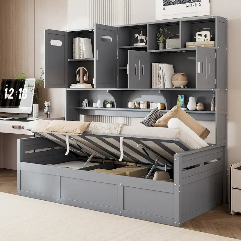 Letto a giorno con libreria Captain e contenitore idraulico, tutto in uno