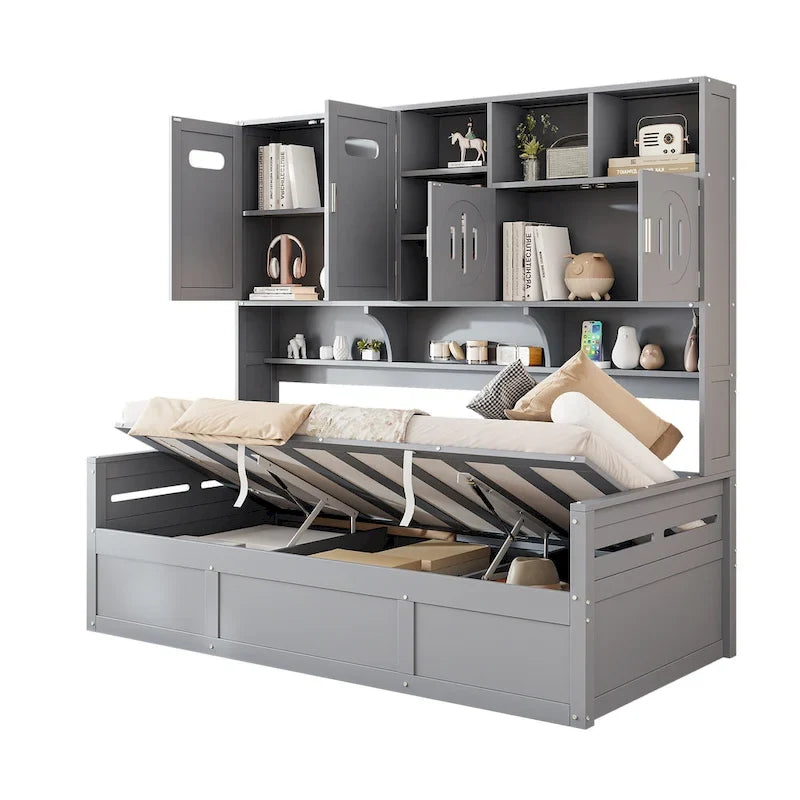 Letto a giorno con libreria Captain e contenitore idraulico, tutto in uno