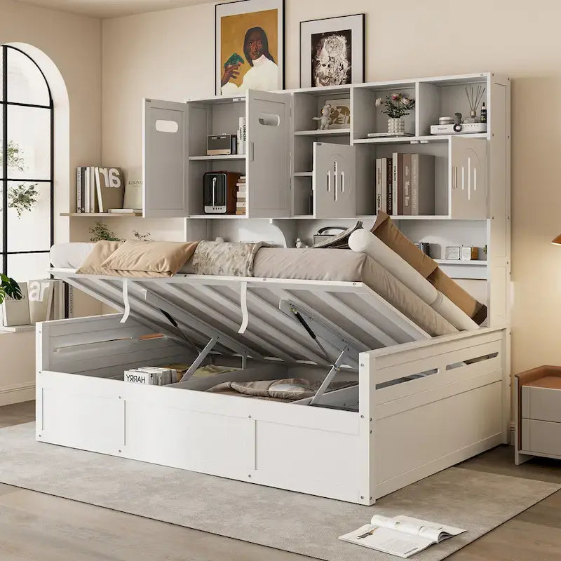 Letto a giorno con libreria Captain e contenitore idraulico, tutto in uno