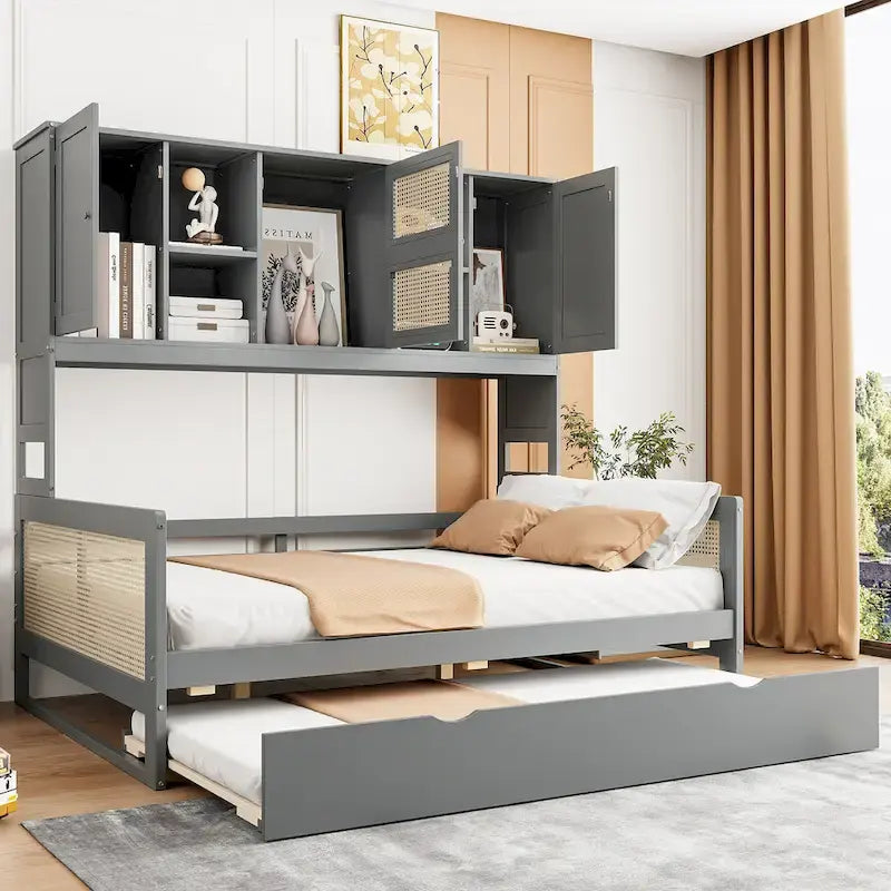 Letto a Giorno con Ampia Libreria in Legno, con Letto Estraibile e Armadio Superiore