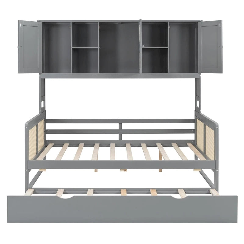Letto a Giorno con Ampia Libreria in Legno, con Letto Estraibile e Armadio Superiore