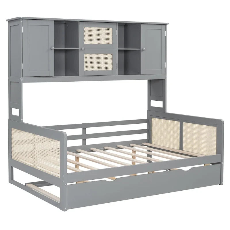 Letto a Giorno con Ampia Libreria in Legno, con Letto Estraibile e Armadio Superiore