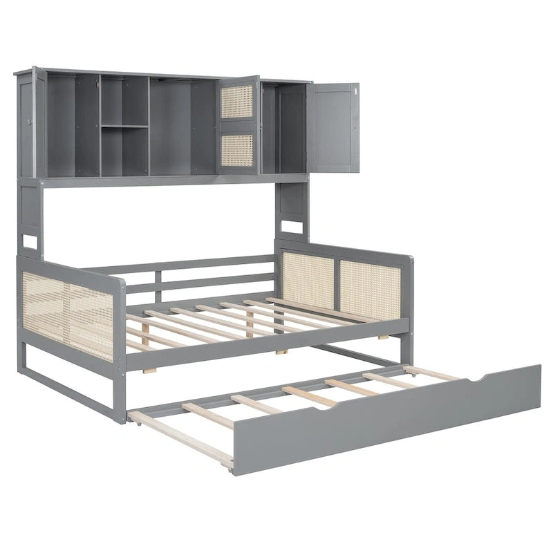 Letto a Giorno con Ampia Libreria in Legno, con Letto Estraibile e Armadio Superiore