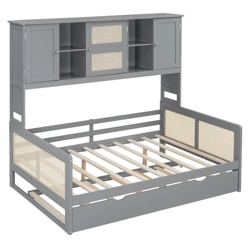 Letto a Giorno con Ampia Libreria in Legno, con Letto Estraibile e Armadio Superiore