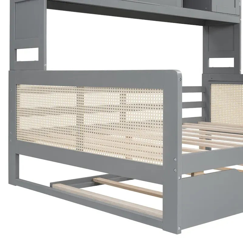 Letto a Giorno con Ampia Libreria in Legno, con Letto Estraibile e Armadio Superiore
