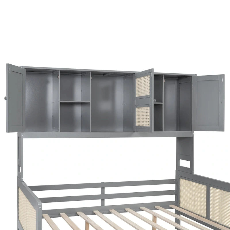 Letto a Giorno con Ampia Libreria in Legno, con Letto Estraibile e Armadio Superiore