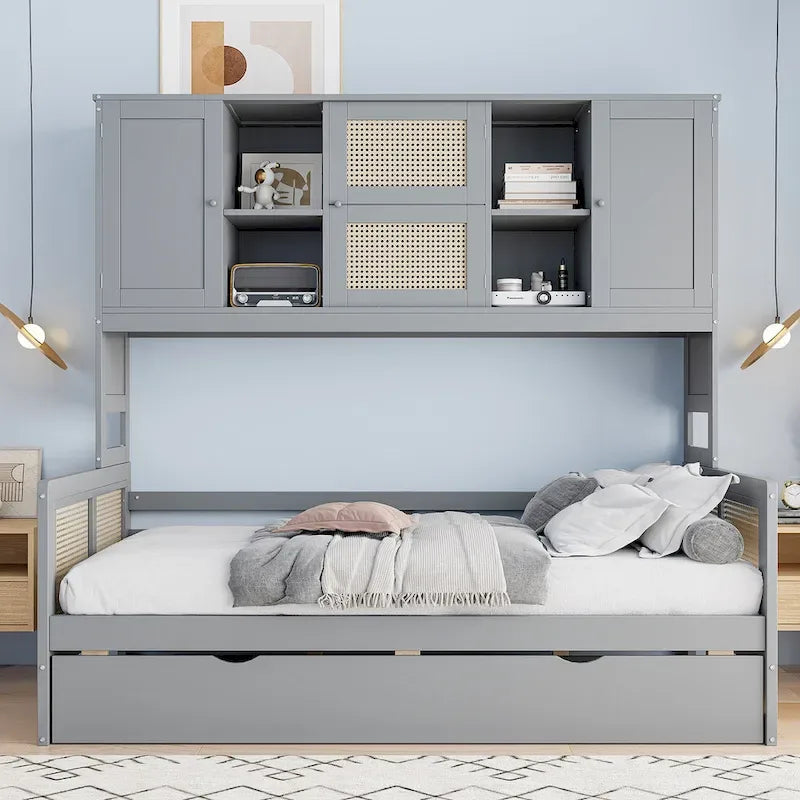 Letto a Giorno con Ampia Libreria in Legno, con Letto Estraibile e Armadio Superiore