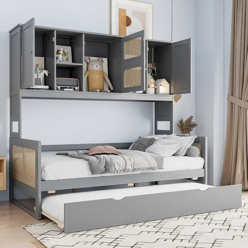 Letto a Giorno con Ampia Libreria in Legno, con Letto Estraibile e Armadio Superiore