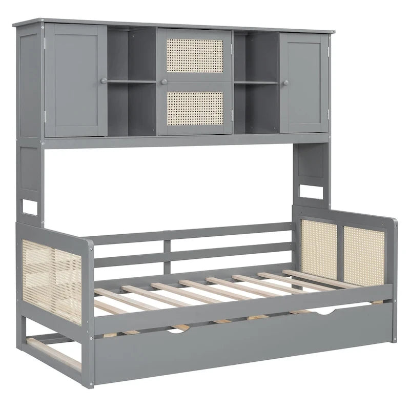 Letto a Giorno con Ampia Libreria in Legno, con Letto Estraibile e Armadio Superiore