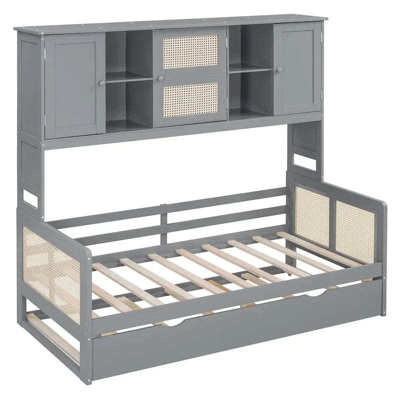 Letto a Giorno con Ampia Libreria in Legno, con Letto Estraibile e Armadio Superiore