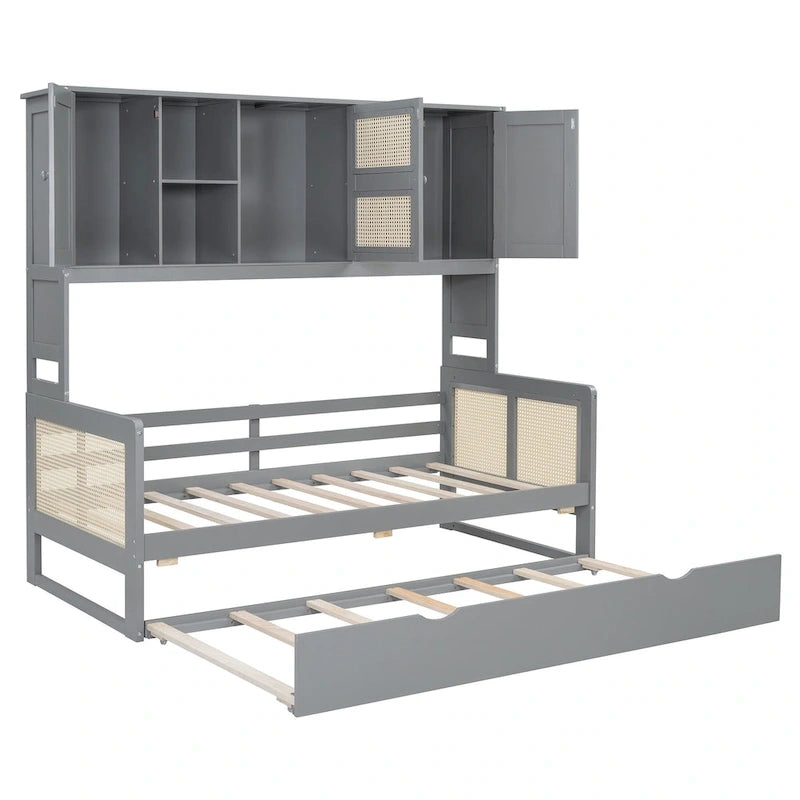 Letto a Giorno con Ampia Libreria in Legno, con Letto Estraibile e Armadio Superiore