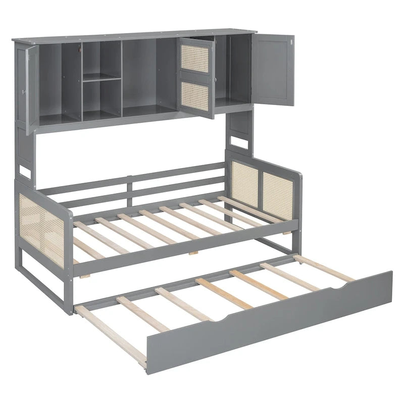 Letto a Giorno con Ampia Libreria in Legno, con Letto Estraibile e Armadio Superiore