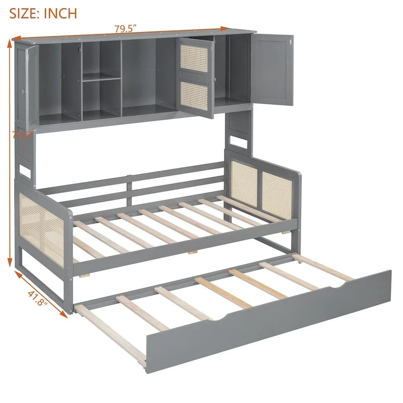 Letto a Giorno con Ampia Libreria in Legno, con Letto Estraibile e Armadio Superiore