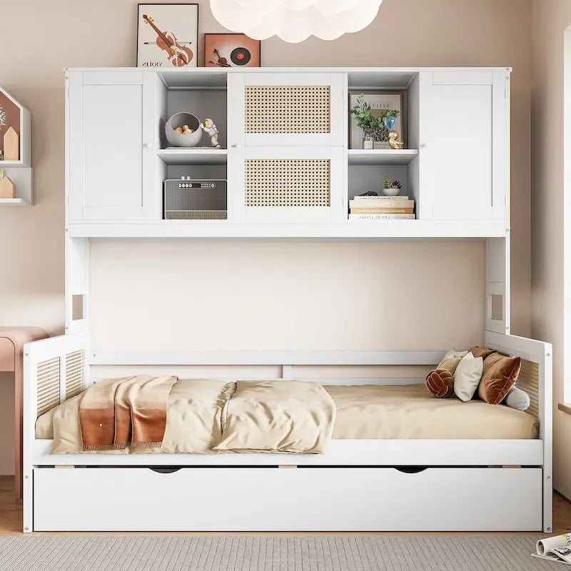 Letto a Giorno con Ampia Libreria in Legno, con Letto Estraibile e Armadio Superiore