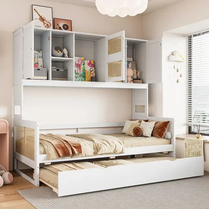 Letto a Giorno con Ampia Libreria in Legno, con Letto Estraibile e Armadio Superiore