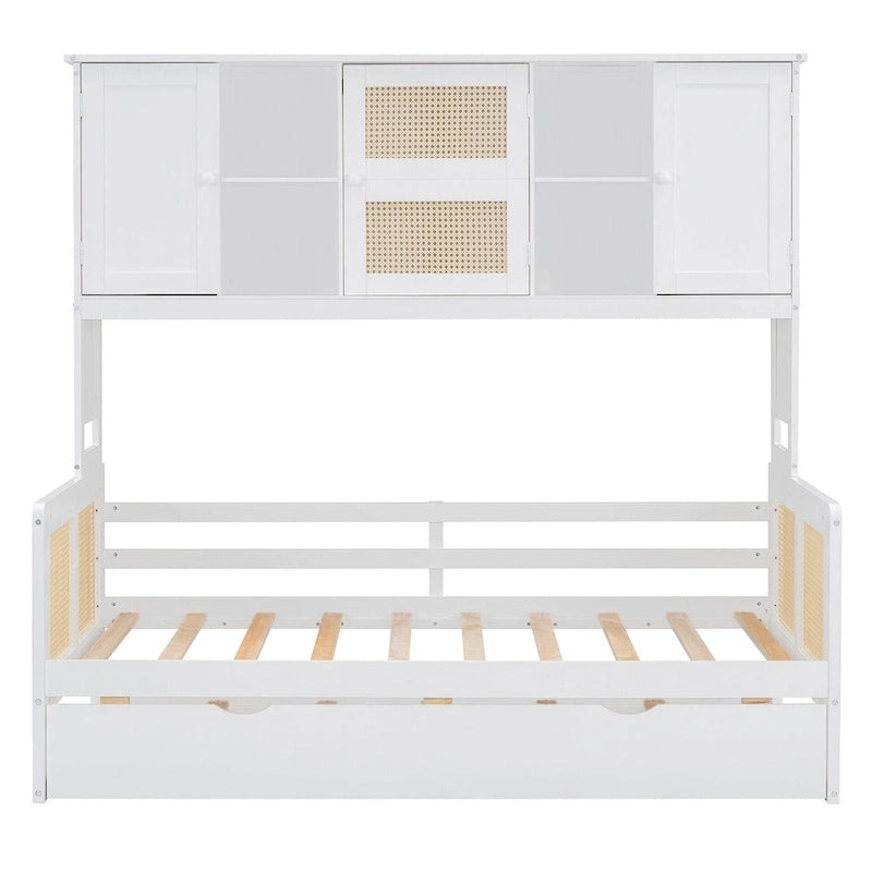 Letto a Giorno con Ampia Libreria in Legno, con Letto Estraibile e Armadio Superiore
