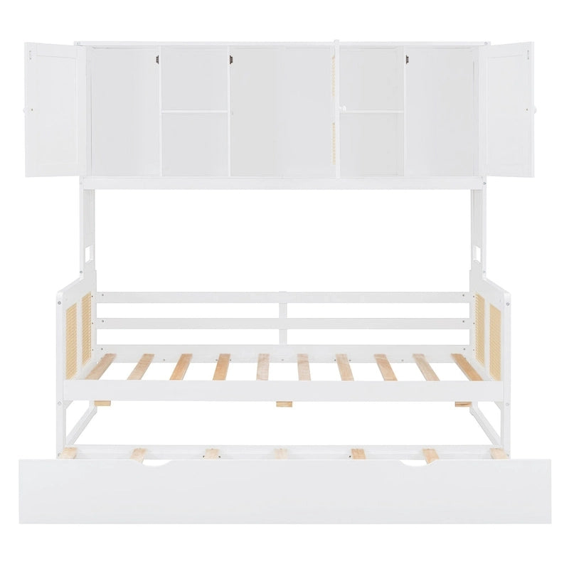 Letto a Giorno con Ampia Libreria in Legno, con Letto Estraibile e Armadio Superiore