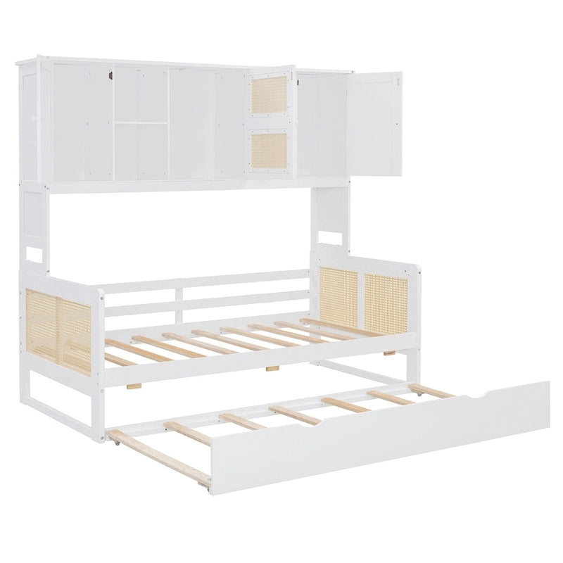 Letto a Giorno con Ampia Libreria in Legno, con Letto Estraibile e Armadio Superiore