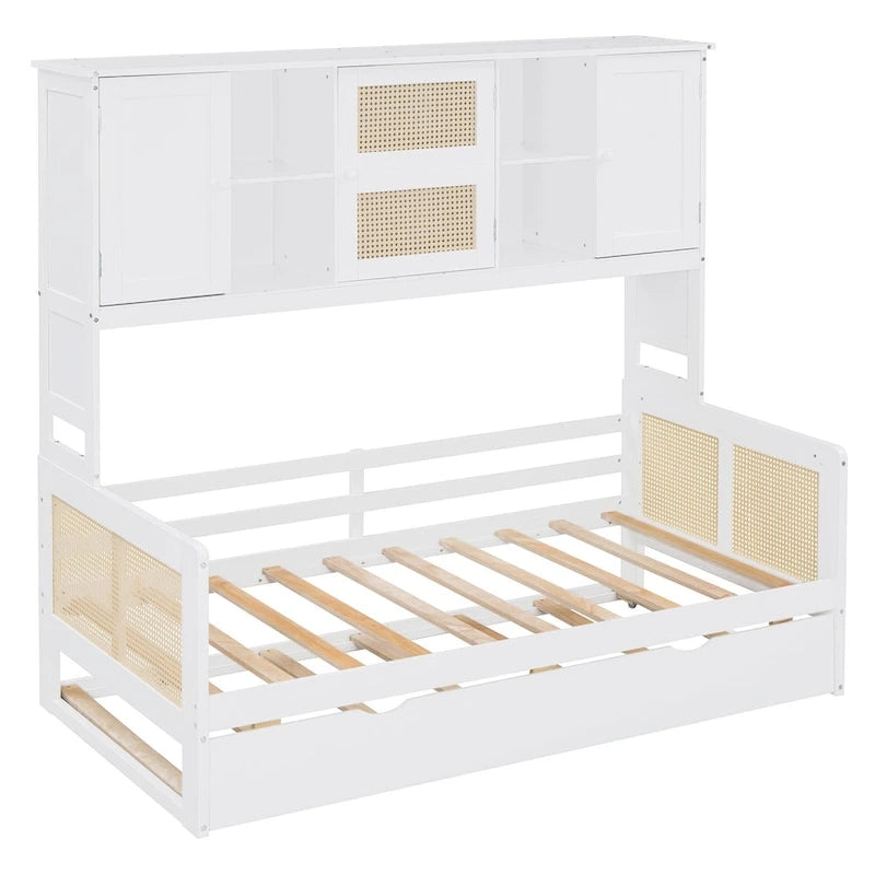 Letto a Giorno con Ampia Libreria in Legno, con Letto Estraibile e Armadio Superiore