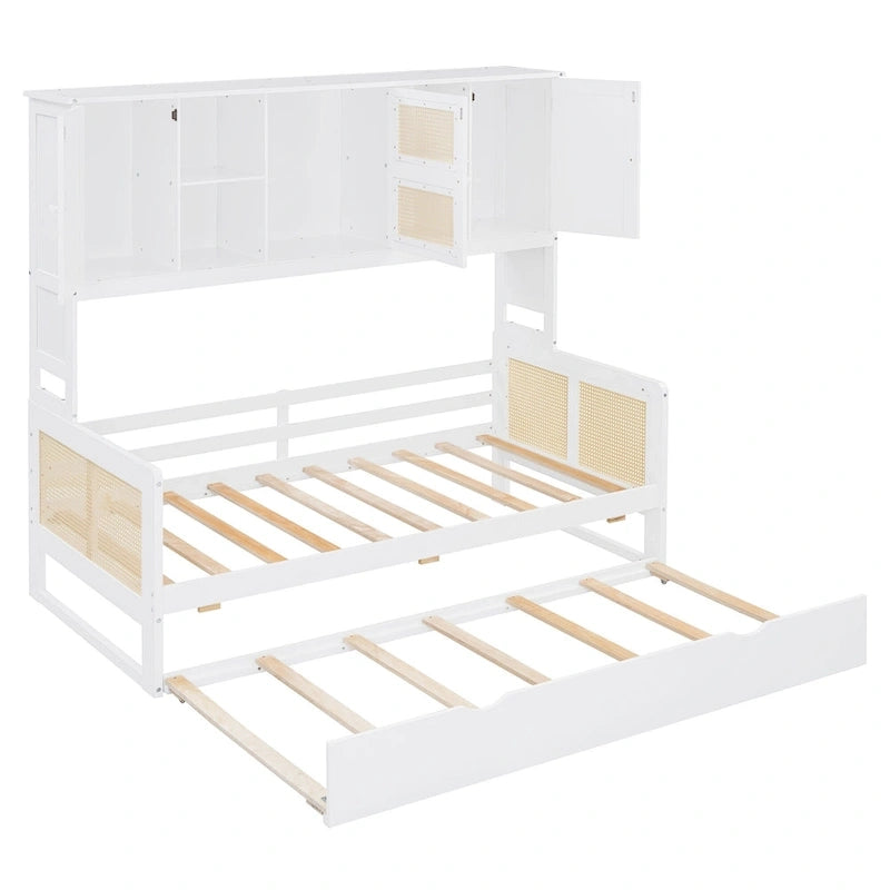 Letto a Giorno con Ampia Libreria in Legno, con Letto Estraibile e Armadio Superiore