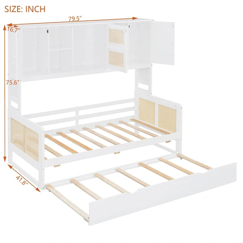 Letto a Giorno con Ampia Libreria in Legno, con Letto Estraibile e Armadio Superiore