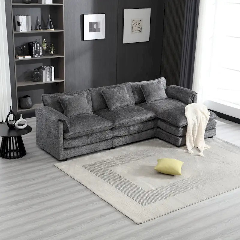 Modular L-Shaped Sectional Sofa, Chenille Fabric 3-Seater Sofa Couch with Chaise and Detachable Armrests for Living Room