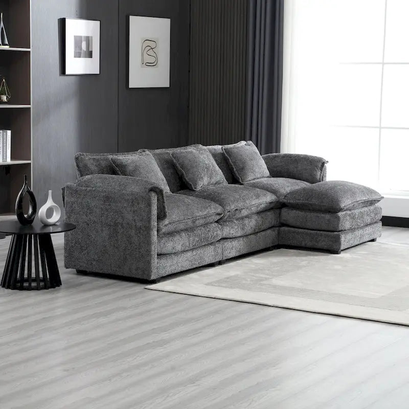 Modular L-Shaped Sectional Sofa, Chenille Fabric 3-Seater Sofa Couch with Chaise and Detachable Armrests for Living Room