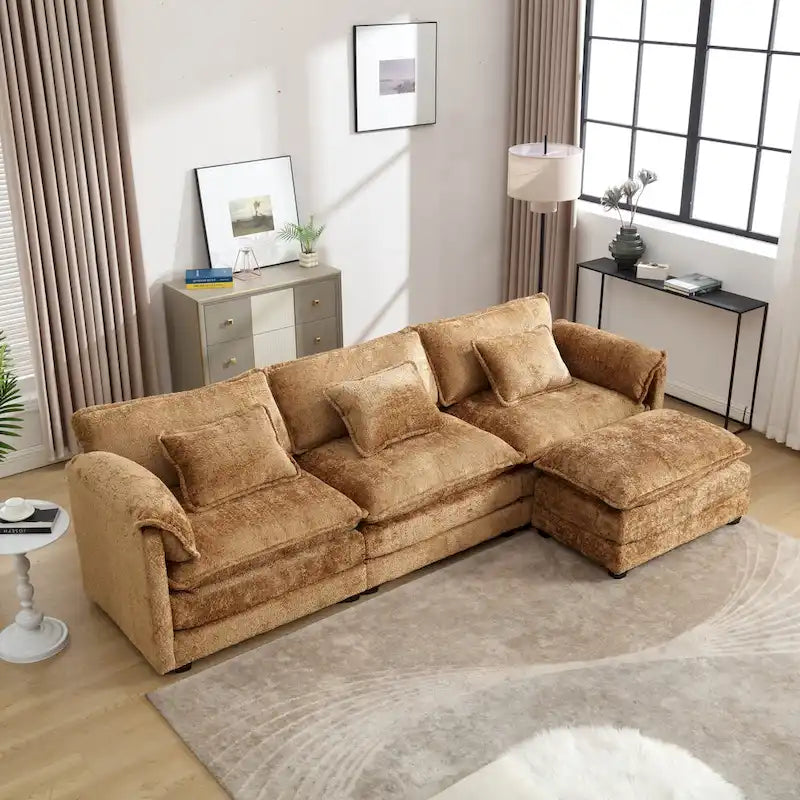 Modular L-Shaped Sectional Sofa, Chenille Fabric 3-Seater Sofa Couch with Chaise and Detachable Armrests for Living Room